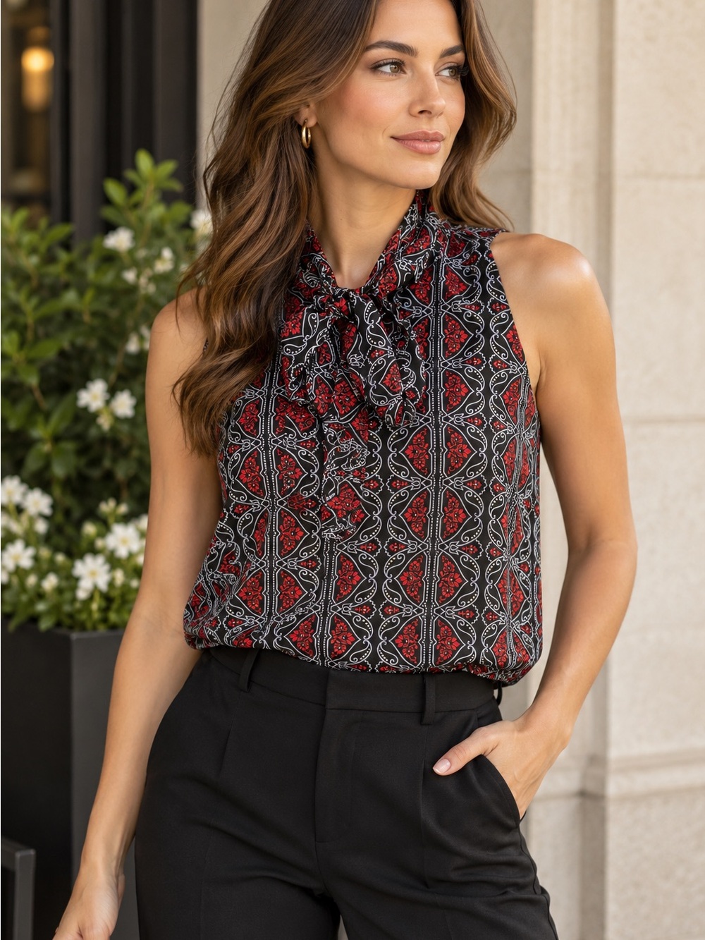 Ann Taylor Black & Red Sleeveless Tie-Neck Camisole